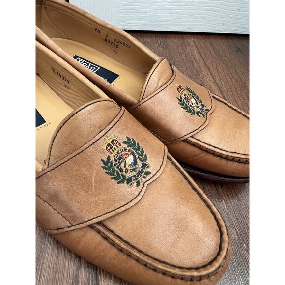 POLO RALPH LAUREN Men’s Vintage Camel Leather Embroidered Crest Loafers Sz 9.5D main image 12